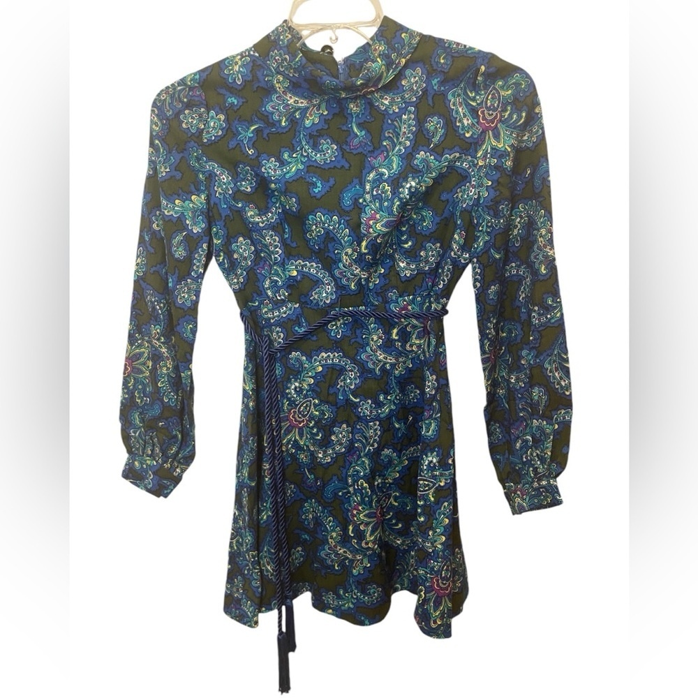 Vintage Retro Paisley Long‎ Sleeve Collared Mini Dress size S